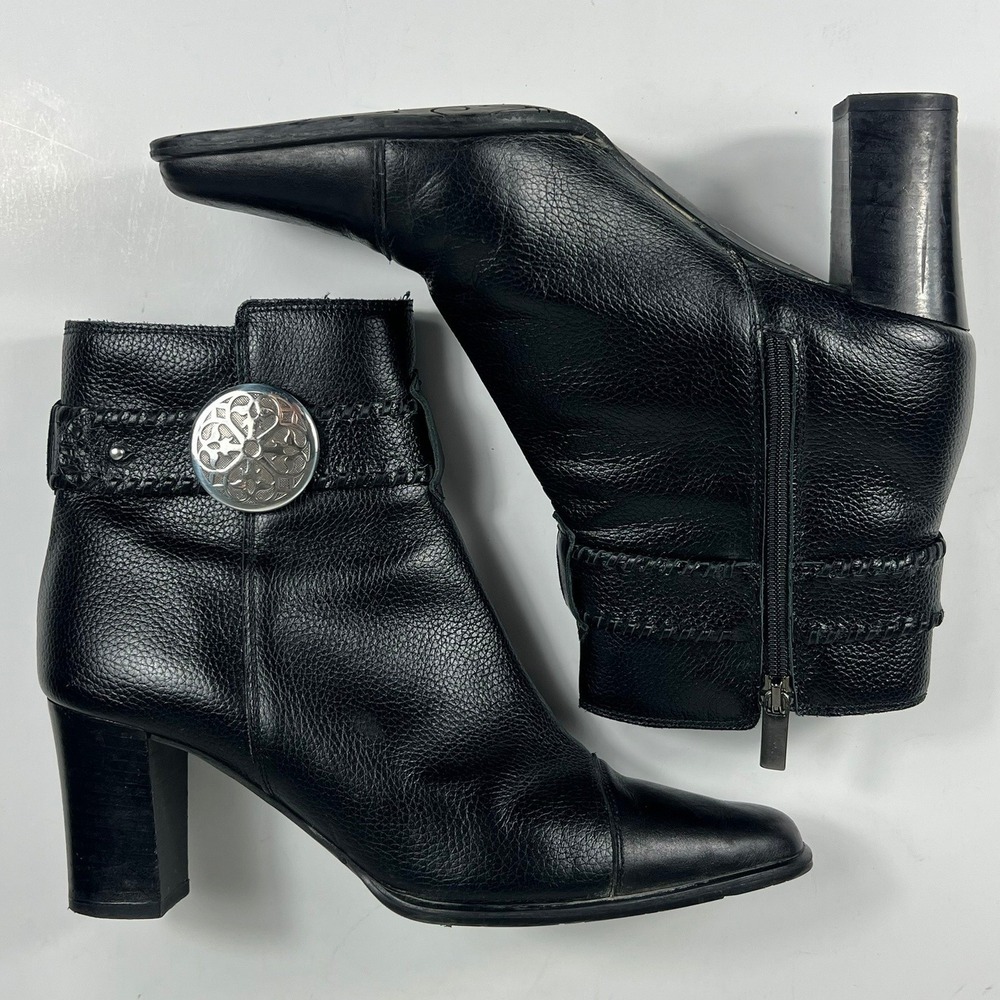 Brighton Rylee Ankle Boots Leather Silver Concho Square Toe Black Womens 7 M - Picture 6 of 11